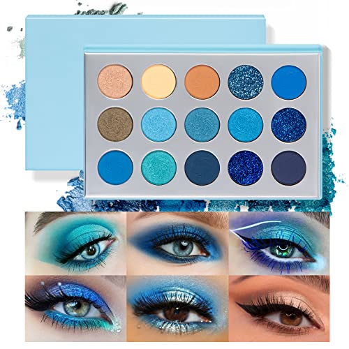 Paleta de sombras de ojos Beteligir 15 Color Matte Blue Shimmer, paletas de maquillaje altamente pigmentadas, paleta de sombras de ojos Creme Shimmer Metallic para Navidad
