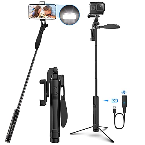 Palo Selfie Trípode, Selfie Stick Bluetooth Móvil Aluminio 4-EN-1 Giratorio 360 ° con Mango Balance de Video + Control Remoto + Luz LED para Gopro, Teléfono Inteligente Menos de 6.8 Pulgadas