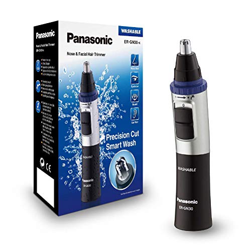 Panasonic ER-GN30-K503 - Naricero/ Recortador de Vello Facial (Nariz, Oreja, Cejas y Bigote, Acero Inoxidable, Función con Pilas, Sistema de Limpieza Inteligente) Azul/ Negro/ Plata, Estándar