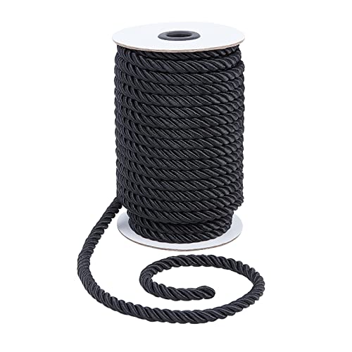 PandaHall Cuerda trenzada de 8 mm, 3 cuerdas de seda torcidas de 20 yardas, cuerda decorativa negra, cordón de viscosa brillante para alzapaños de cortina, guirnalda de Navidad, asas de bolsos