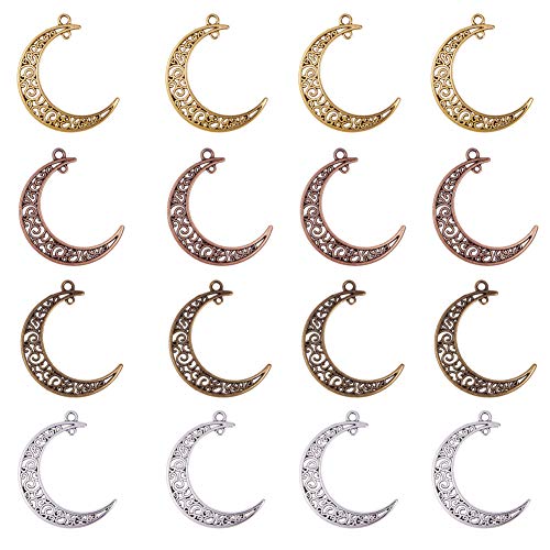 PandaHall Elite 40 pcs 4 Colores Tibetan Style Alloy Hollowed Moon Charms Colgante para Collar Pulsera Joyería DIY Craft Making, Bronce Antiguo/Oro Antiguo/Plata Antigua/Cobre Rojo