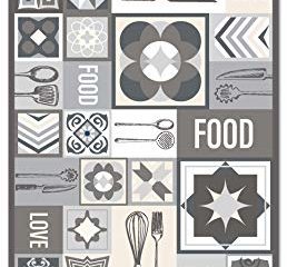 Panorama Alfombra Vinílica Cocina Collage Palabras Baldosas Gris 40x80 cm - Alfombra Cocina Vinilo - Alfombra Salón Antideslizante, Antihongos e Ignífuga - Alfombras Grandes - Alfombras PVC