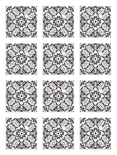 Panorama Azulejos Adhesivos Cocina Baño Pack de 48 Baldosas de 15x15 cm Azulejo Oriental Floreada Gris - Vinilos Cocina Azulejos - Revestimiento de Paredes - Cenefas Azulejos Adhesivas