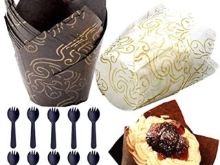 Papel para Magdalenas, 100 Piezas Tazas de Papel de Pastel de Tulipán,Moldes de Papel para Hornear , capsulas Muffins, Moldes Papel Copa de Horneado para Boda y Cumpleaños(marrón y blanco)