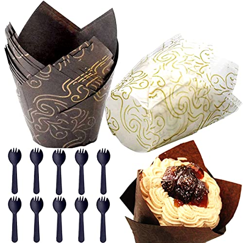 Papel para Magdalenas, 100 Piezas Tazas de Papel de Pastel de Tulipán,Moldes de Papel para Hornear , capsulas Muffins, Moldes Papel Copa de Horneado para Boda y Cumpleaños(marrón y blanco)