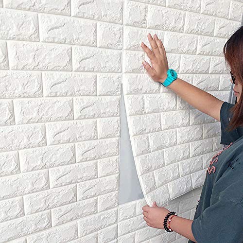 Papel pintado autoadhesivo con efecto de ladrillo en relieve, de espuma, resistente al agua, para salón, dormitorio, color blanco, 70 x 77 cm, 10 unidades