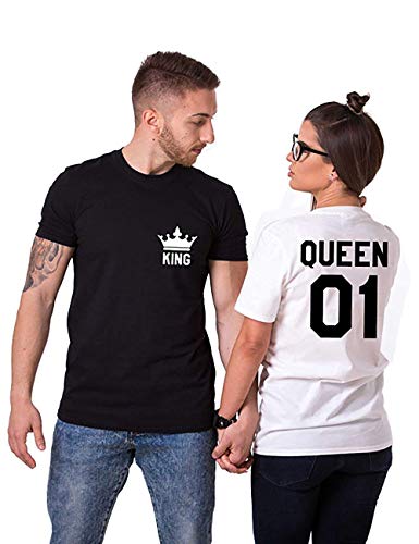 Parejas Camiseta King Queen T-Shit Algodón Shirts Impresión Piezas de Manga Corta Rey Reina Regalo de San Jorge Camisa Casual para Amante (Negro + Blanco, King S+Queen M)