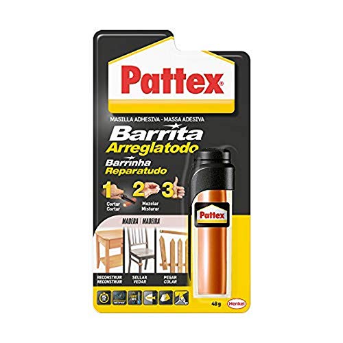 Pattex Barrita Arreglatodo, masilla bicomponente especial madera, pasta moldeable para pegar y reparar, resina epoxi barnizable y lijable para varias maderas, tubo 48 g