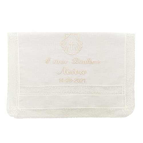 Pañuelo para bautizo personalizado – Paño Bautismo bordado - Paño Bautismal Personalizable de Color Beige – Toalla de Bautizo con nombre y fecha - Modelo París - Nenel