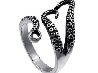 PAURO Acero Inoxidable Punky Pulpo Tentáculo Mar Monstruo Kraken Calamar Apertura Anillo para Hombres Ajustable Plata