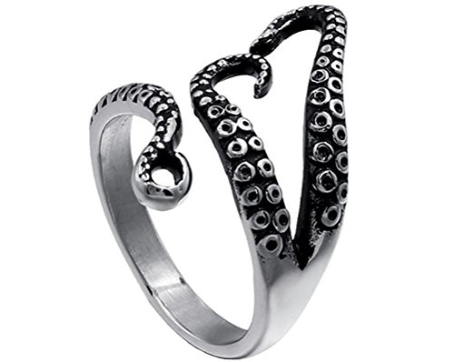 PAURO Acero Inoxidable Punky Pulpo Tentáculo Mar Monstruo Kraken Calamar Apertura Anillo para Hombres Ajustable Plata