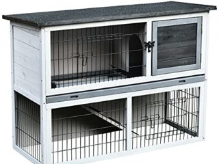 Pawhut Conejera de Madera Exterior Jaula para Conejos de 2 Pisos Rampa Bandeja Extraíble y 2 Puertas 108x45x78 cm Gris
