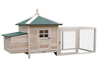 PawHut Gallinero de Madera de Abeto Refugio Jaula para Gallinas Pollos Exterior con Caja Nido Bandeja Extraíble y Espacio para Correr 196x76x97 cm Natural