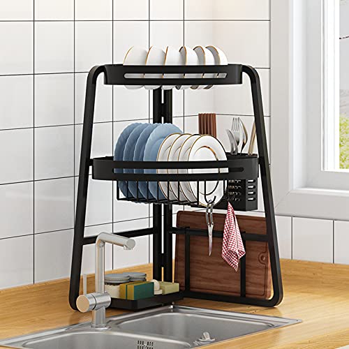 PEALOV Escurreplatos Encima Del Fregadero,Escurridor De Cubiertos,Escurridor De Platos Ajustable De Acero Inoxidable,DesagüE De Esquina Sobre El Fregadero,3 Niveles,Estante De Almacenamiento De Cocina