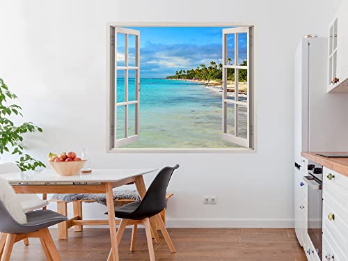 Pegatinas 3D Vinilo Ventana Varias Medidas 150x130cm | Adhesivo Incluido | Decoracion Habitación |Playa, del Caribe con Palmeras | Multicolor | Diseño Elegante |