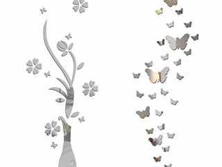 Pegatinas Pared Espejo Flores Florero y 30pcs Mariposas Vinilos Decorativas Adhesivos DIY Hogar Salón Dormitorio Baño Habitación Plateado