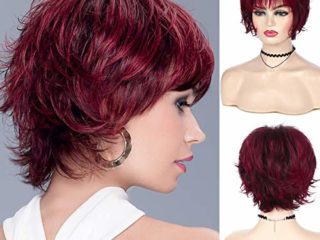 Peluca corta de color rojo vino con corte Pixie, pelucas con flequillo en capas para mujeres, peluca sintética de Cosplay, peluca completa, fiesta de Halloween, hecha a medida