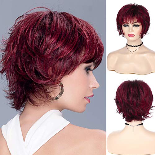Peluca corta de color rojo vino con corte Pixie, pelucas con flequillo en capas para mujeres, peluca sintética de Cosplay, peluca completa, fiesta de Halloween, hecha a medida