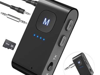 PENCCOR Bluetooth 5.0 Transmisor Receptor, Adaptador de Audio Inalámbrico Micrófono Ranura para Tarjeta TF para Coche PC Computadora TV Celular iPhone Samsung Huawei Altavoz Auriculares MP3 Proyector