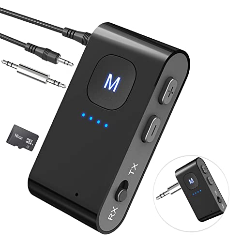 PENCCOR Bluetooth 5.0 Transmisor Receptor, Adaptador de Audio Inalámbrico Micrófono Ranura para Tarjeta TF para Coche PC Computadora TV Celular iPhone Samsung Huawei Altavoz Auriculares MP3 Proyector