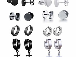 Pendientes de acero inoxidable de 8 piezas Pendientes de aro de plata Cruz colgante redondo vintage para hombres damas