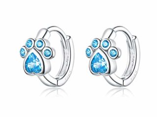 Pendientes de aro pequeños de plata de ley con diseño de huella de perro, con circonitas azules