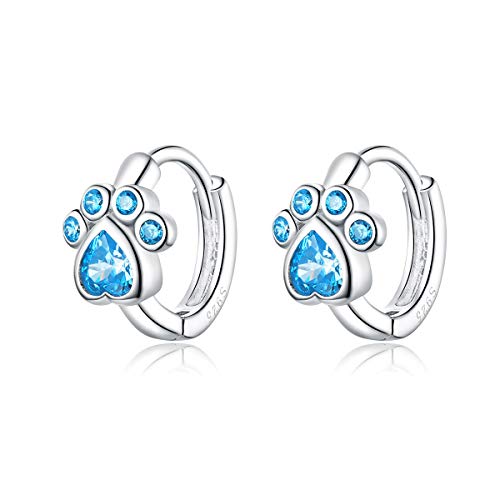 Pendientes de aro pequeños de plata de ley con diseño de huella de perro, con circonitas azules