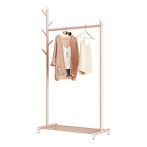 Perchero Burro, 3 en 1 Perchero Estante para Ropa de Dormitorio, Perchero de Pie, Vestidores Armarios Abiertos, Ropero, 5 Ganchos Laterales, Ruedas con Cerradura, Organizador de Armario Rodante (Rosa)