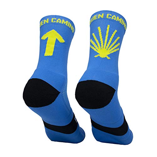 PERRO LOCO CLOTHES Camino de Santiago Calcetines Antiampollas Antiolores Compresivos Transpirables Compresión. Diseñados en Murcia. Fabricados en España. Buen Camino. (46-48, Azul)