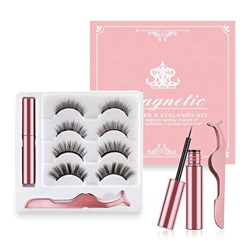 PestañAs MagnéTicas,4 Pares PestañAs MagnéTicas Naturales Look Con Pinzas,Set De PestañAs Postizas MagnéTicas Delineador Ojos MagnéTico Sin Pegamento