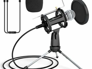 PEYOU Micrófono PC, Micrófono de Condensador con Trípode Portátil, 3,5 mm Jack con Cable Divisor para PC, Tableta, Teléfono, Filtro Antipop y cubierta de Espuma para Grabar, Podcast, Youtube, Karaoke