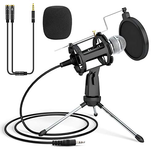 PEYOU Micrófono PC, Micrófono de Condensador con Trípode Portátil, 3,5 mm Jack con Cable Divisor para PC, Tableta, Teléfono, Filtro Antipop y cubierta de Espuma para Grabar, Podcast, Youtube, Karaoke