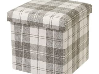 Púff arcón de Cuadros Beige y marrón de Tela y MDF de 38x38x38 cm - LOLAhome