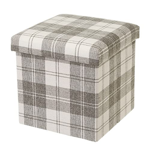 Púff arcón de Cuadros Beige y marrón de Tela y MDF de 38x38x38 cm - LOLAhome