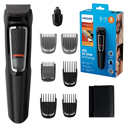 Philips MG3730/15 Recortadora 8 en 1 Maquina recortadora de barba y Cortapelos para hombre cara y cabeza, accesorios para nariz y orejas, 60 minutos de autonomía, Negro