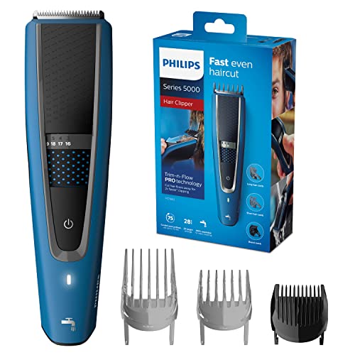 Philips Serie 5000 HC5612/15 - Cortapelos con cuchillas acero inoxidable, 28 ajustes de longitud, 75 min de uso sin cable, incluye 3 peines-guía, Azul