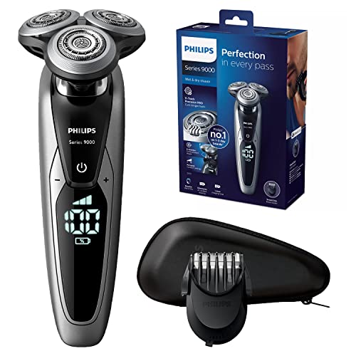 Philips Serie 9000 S9711/41 - Máquina de afeitar con cabezales de 8 direcciones, seco/húmedo y 3 modos, 60 min de batería incluye perfilador de barba con 5 posiciones y funda de viaje, plata
