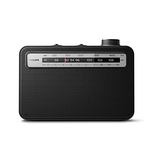 Phillips TAR2506/12 Radio Clásica, Radio Portátil FM/MW Analógica UKW/MW, Radio para llevar, Funciona con Electricidad o Pilas, Interiores y Exteriores, Diseño Clásico, Negro 210 mm x 149 mm x 66.3 mm