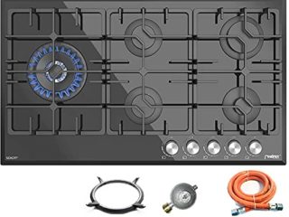 Phönix PG-905L - Cocina de gas (5 fuegos, autosuficiente, incluye regulador de manguera de gas para bombonas de gas propano