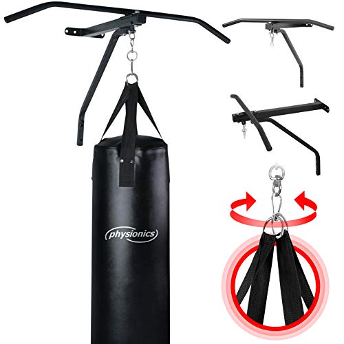 Physionics Saco de Boxeo con Barra de Tracción - Saco: (ØxH) 28x83cm / 19kg de Peso, Barra: de Acero / 83 cm de Ancho - Pull Up Bar, Barra de Tracción, para Dominadas, Musculación