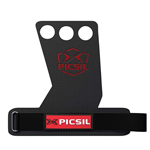 PicSil RX Calleras para Cross Training, Carbon Grips de 3 Agujeros, para Gimnasio, Box, Halterofilia, Gimnasia, Previenen Ampollas y Desgarros, Mayor Resistencia y Protección, Unisex, Rojo,L