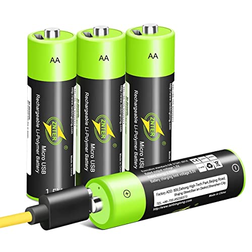 Pilas AA [4 Pack], 1,5 V/1250mAh Batería de Litio de Recargable por USB con 4 en 1 Carga Micro USB Cable, Carga Rápida de 1,5 h, No Necesita Cargador de Pilas Extra, Batería Reciclable de 3000 Ciclos
