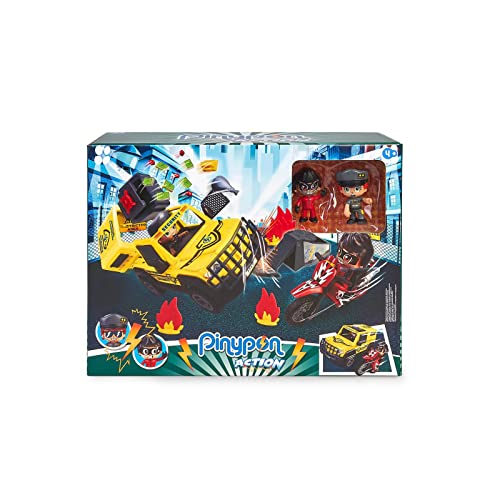 Pinypon Action Atraco en el Furgón, Set de Juego policías, Incluye un camión, una Moto y 2 muñecos, Conductor y ladrón, Juguete de acción para niños de 4 años, Multicolor, One Size (Famosa 700017038)