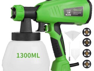 Pistola de Pintura, Ginour Pistola de Pulverización, Gran Capacidad 1300ML, Pintura Eléctrica 800ml/Min, 3 Modos de Pintar, 4 Boquillas de Cobre Puro, 4 Filtros Fumigación Fina para Mejores Resultados
