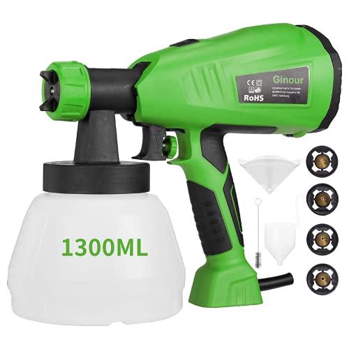 Pistola de Pintura, Ginour Pistola de Pulverización, Gran Capacidad 1300ML, Pintura Eléctrica 800ml/Min, 3 Modos de Pintar, 4 Boquillas de Cobre Puro, 4 Filtros Fumigación Fina para Mejores Resultados