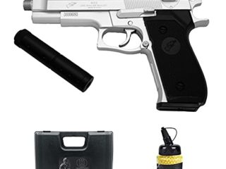 Pistola Double Eagle M22 Plata (Muelle) | Pistola de Airsoft (Bolas de plástico 6mm) Tipo Beretta 92 + maletín de PVC + biberón de munición