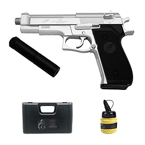 Pistola Double Eagle M22 Plata (Muelle) | Pistola de Airsoft (Bolas de plástico 6mm) Tipo Beretta 92 + maletín de PVC + biberón de munición