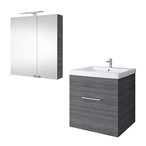 Planetmöbel Mueble bajo para lavabo con armario con espejo, 60 cm, para cuarto de baño de invitados (antracita)