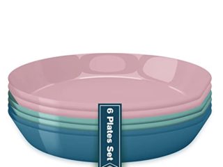 Platos de plastico reutilizables (6 Uds), Vajilla reutilizable de plástico duro, Platos picnic hondo Apto para Microondas para Niños y Adultos, Vajilla de colores (Oscuros)