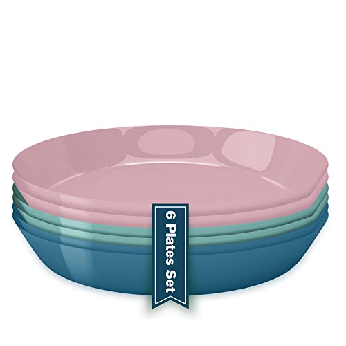 Platos de plastico reutilizables (6 Uds), Vajilla reutilizable de plástico duro, Platos picnic hondo Apto para Microondas para Niños y Adultos, Vajilla de colores (Oscuros)